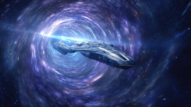 Dynamic illustration of a vessel gliding through a glowing tunnel of light in deep space - Powered by Adobe