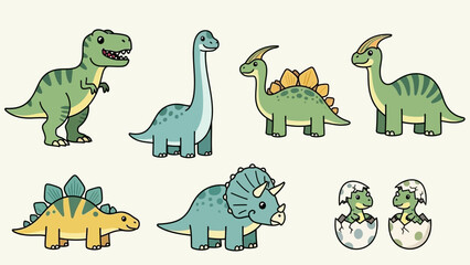 A collection of seven cute cartoon dinosaurs, including a Tyrannosaurus Rex, a Brontosaurus, a Stegosaurus, a Triceratops, a Parasaurolophus, and two baby dinosaurs hatching from eggs. © Elsa