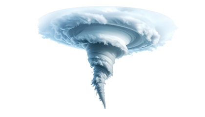 A 3D render of a realistic cyclone, featuring detailed cloud formations swirling rapidly in a cone shape against a black background