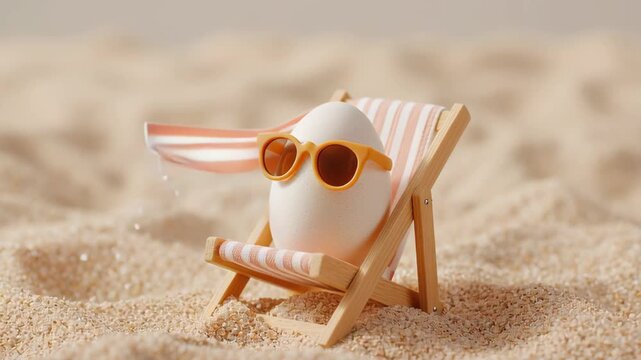 Easter egg on miniature beach chair with sunglasses while on sand, a summer vacation concept for happy Easter.