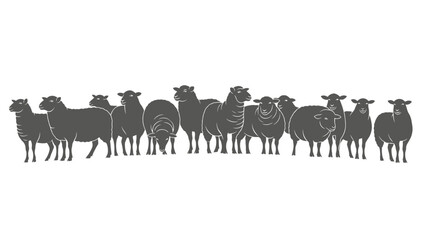 A detailed illustration of a flock of sheep standing in a line, showcasing their woolly coats and distinct profiles. © Elsa
