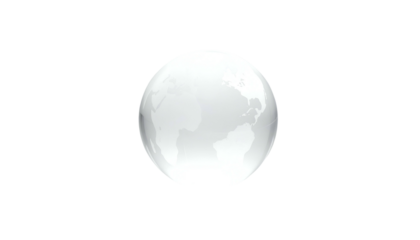 A 3D render of the Earth, depicted as a glossy, white sphere, hovering against a stark, black background. The continents are faintly visible