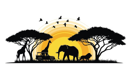 Silhouette of African safari animals including a giraffe, elephant, and lion with a safari jeep under a vibrant sunset with acacia trees and birds flying. © Elsa