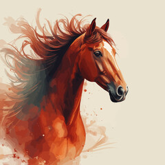 A beautiful brown stallion horse head vector illustration featuring a wild equine portrait with a flowing mane against a green nature pasture field