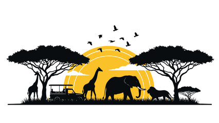 Silhouette of an African safari scene with acacia trees, a jeep, giraffes, an elephant, a lion, and birds against a large sun. © Elsa