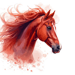 A beautiful brown horse head with a flowing mane is isolated on white, captured in a portrait that highlights the mammal's natural equine beauty as it transitions from a snowy farm to a summer pasture