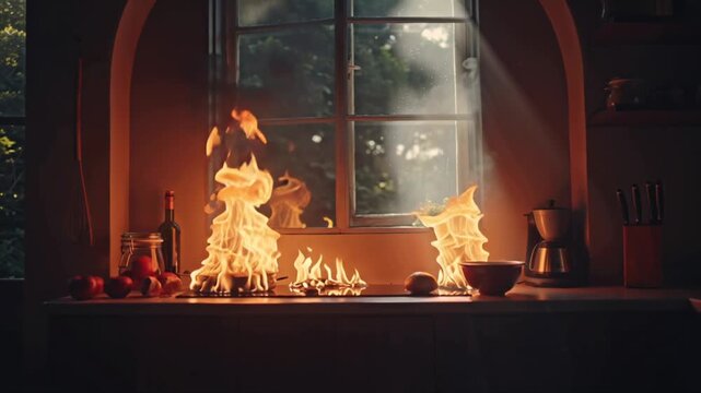Wide-angle 4K video of a kitchen engulfed in flames, dramatic smoke, reflections of fire on mirrors, stainless steel tiles, sparks falling, slow camera rotation, cinematic lighting, intense vivid flam