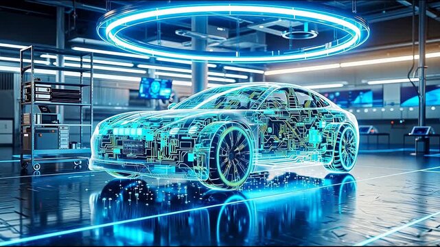 3D render holographic car wireframe blueprint, futuristic laboratory 3D scanner and virtual prototype design, digital twin automotive R&D and engineering simulation video footage.