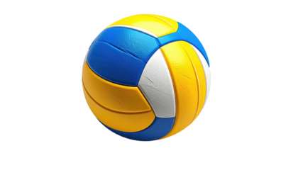 A 3D rendered image of a volleyball. The ball displays classic color panels with a mix of blue and yellow shades. The sports ball sits isolated on a black background