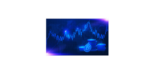 Candlestick chart trend with Bitcoins, data analytics, stock market trading graph, financial graphic on world map