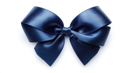 Elegant navy ribbon bow on white surface with soft lighting and generous copy space for design needs