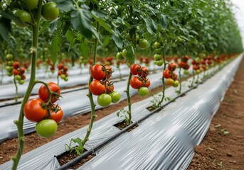 Vibrant clusters of ripening tomatoes hang from lush vines in a modern greenhouse, showcasing a perfect blend of natural growth and agricultural precision.