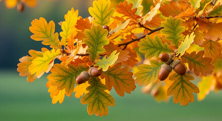 Close-up of oak branch with yellow-orange autumn leaves and acorns, showcasing nature's seasonal beauty and fall's rich colors, ideal for autumnal themes