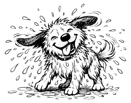Hand drawn illustration of a happy wet dog depicting shaking off water for summer fun