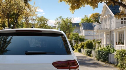 White car parked a tree lined residential street, showcasing charming houses and autumn neighborhood setting