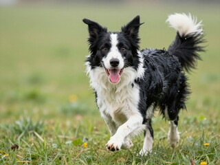 Energetic wet border collie running through grassy field. Happy black and white dog sprinting outdoors with tongue out. Action shot of playful border collie bounding across meadow.