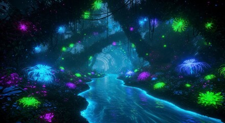 Glowing Fireflies in Dark Forest.