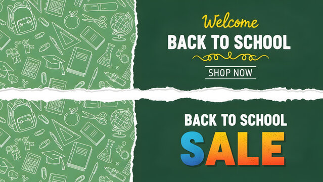 Back to School Sale banner design with chalkboard background | Welcome Back To School shopping advertisement vector graphic | School supplies doodle pattern wallpaper promotion template - Powered by Adobe