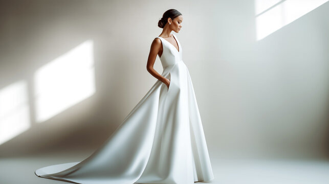 Bride wearing elegant wedding dress minimalist design. Woman white satin gown flowing train, timeless bridal fashion. Classic simple wedding attire, sophisticated modern bride, ceremony preparation.