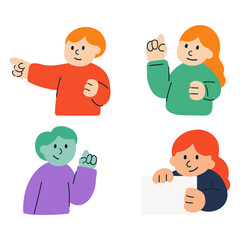 Flat cartoon illustration set of people characters pointing, thinking, and holding a blank sign for communication and presentation design elements.
