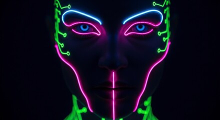 Glowing Neon Mask on Dark Face.