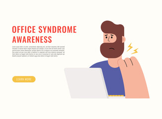 Flat vector illustration of office worker suffering from neck pain at laptop for office syndrome awareness web banner. 