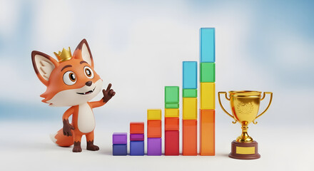 Adorable 3D cartoon fox character with a crown celebrates impressive business growth, gesturing towards a vibrant bar chart and a golden trophy representing achievement and success