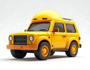 Cartoon-styled, vibrant yellow off-road vehicle with distinctive dome roof