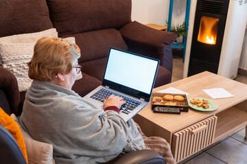 Senior woman at home enjoying using the laptop sitting on a armchair