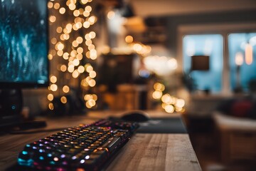 Cozy geek desk aesthetic, warm ambient lighting, blurred background, RGB glow of gaming keyboard, computer screen, wooden table and cinematic blur, modern digital artist workspace