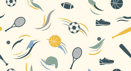 Seamless pattern featuring various sports equipment like soccer balls, basketballs, tennis rackets, baseball bats, footballs, and athletic shoes with dynamic abstract elements.