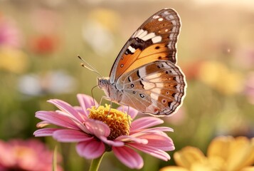 Butterfly sits on pink flower in a colorful garden during late afternoon light