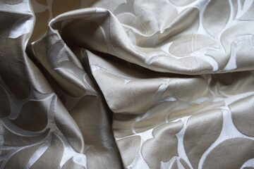 Crumpled beige and silver single damask jacquard fabric