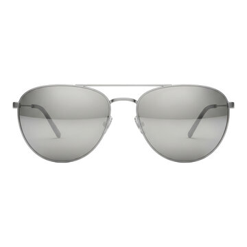 A pair of stylish silver aviator sunglasses with gray lenses isolated on transparent background