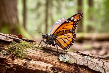 Butterfly with mechanical parts on tree trunk in forest during daytime