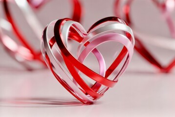 Heart shapes made of red and pink materials in a close-up view on a smooth surface