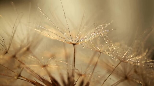 Macro close-up of dandelion other flower fluff seeds slowly swirling in gentle air currents, sparkling sunlight, soft dreamy pastel bokeh background, artistic slow-motion, 4K ultra HD, cinematic ether