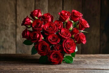 Heart shaped arrangement of red roses on wooden table in indoor setting during daylight