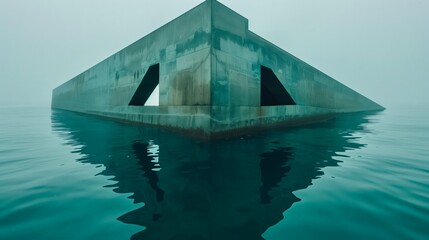 Underwater concrete structure on water during foggy weather in a coastal area