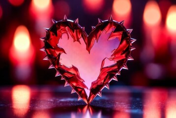 Red heart shaped object with spikes reflecting light in a dark background with soft glowing lights around