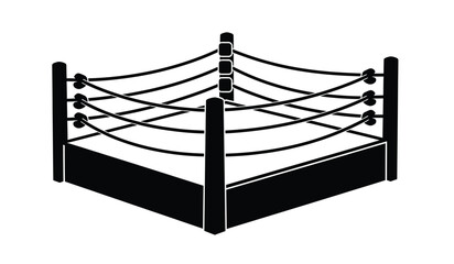 A black and white illustration of a professional wrestling ring with ropes and posts
