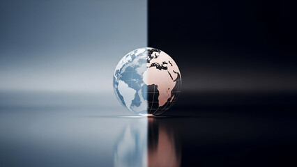 A stylized glass globe representing earth divided into light and dark halves on a reflective surface