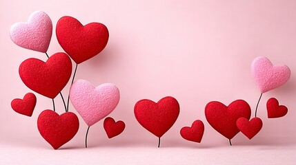 Floating red and pink heart balloons create a romantic Valentine's Day background, featuring soft textures and vibrant colors, ideal for love-themed designs and celebrations with copy space