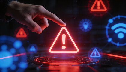 Urgent alert action notification of warning signals in digital environment cybersecurity concept close-up view