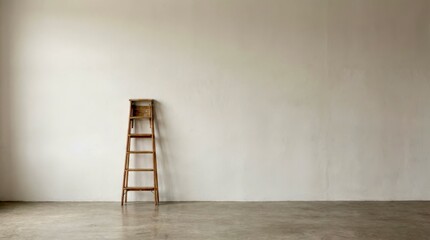 Wooden ladder stands against blank drywall wall in empty room with polished concrete floor in daylight