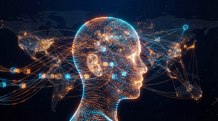 Global network connection concept, AI silhouette over digital world map with data links.