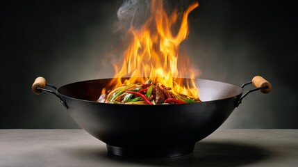 Powerful wok with vibrant flames and colorful vegetables, showcasing professional culinary techniques in high-resolution photography, emphasizing dynamic cooking action and premium product presentatio