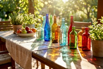 Colorful glass bottles and fresh fruit on a wooden table in a sunny outdoor setting