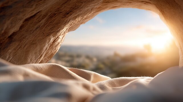 Empty tomb at sunrise symbolizing resurrection, hope, and new beginnings on easter morning