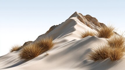 Realistic 3D rendering of a desert landscape with gentle sand dunes and sparse grass, showcasing natural textures and colors, ideal for commercial use with copy space